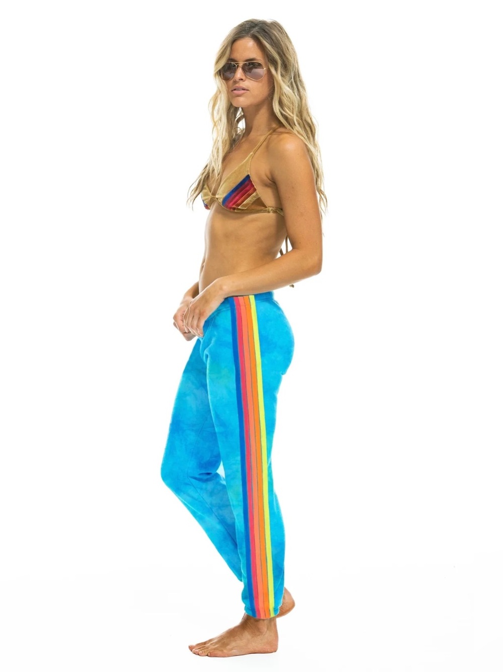 Aviator Nation Blue Tie-Dye Joggers with Rainbow Side Stripe